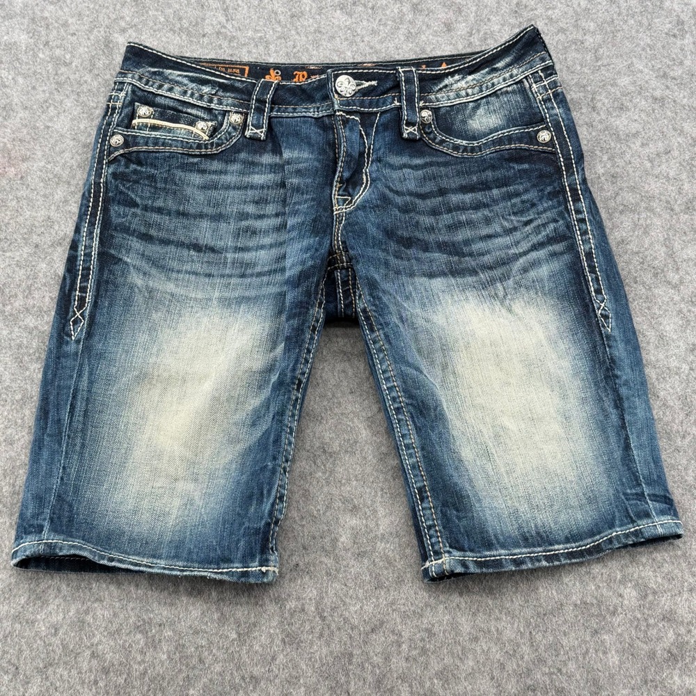 Rock Revival Anett Bermuda Denim Shorts Dark Wash Embroidered Pockets Size 28